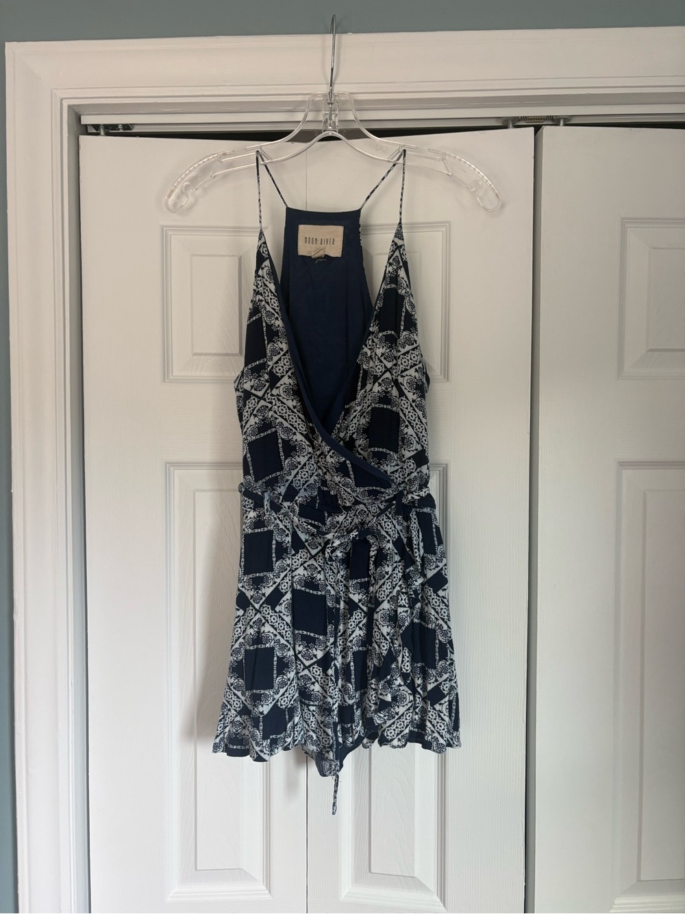 Moon River Navy & White Printed Wrap Romper